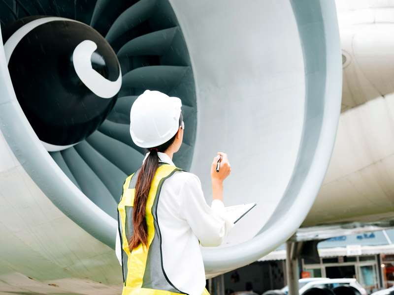 Female auditor inspects quality of aeroplane engine components to ensure compliance requirements