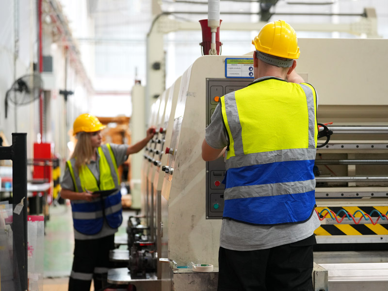 Male and female factory workers operating manufacturing machinery to represent staff and resourcing for capacity planning