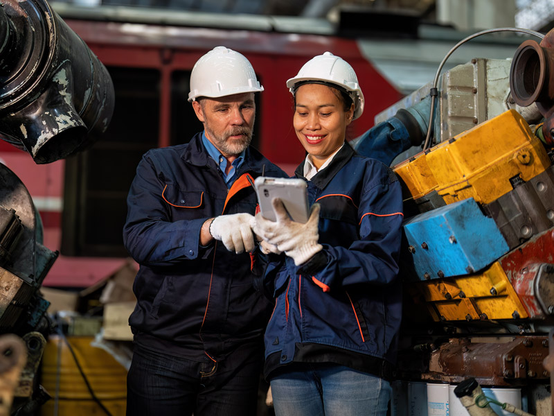 Two workers review real-time data available from metal production machine on factory shop floor